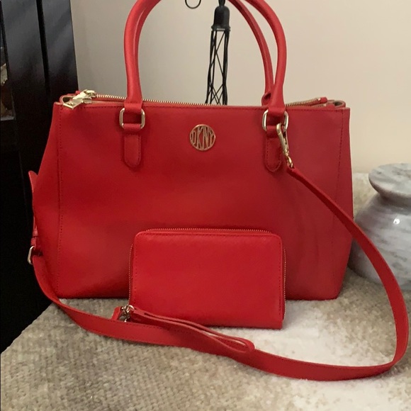 DKNYC Handbags - DKNY red saffiano leather bag with wristlet